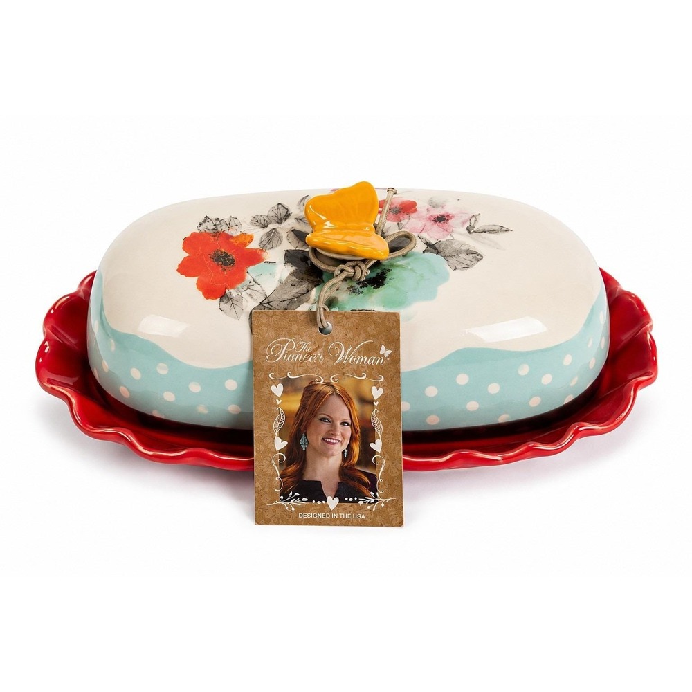 Pioneer Woman Flea Market Butter Dish Floral Butterfly Stoneware ..